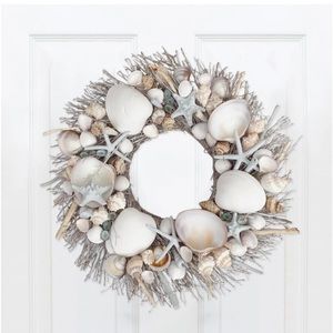 White & Light Blue Seashell Wreath Coastal Home Decor Shell Wreath